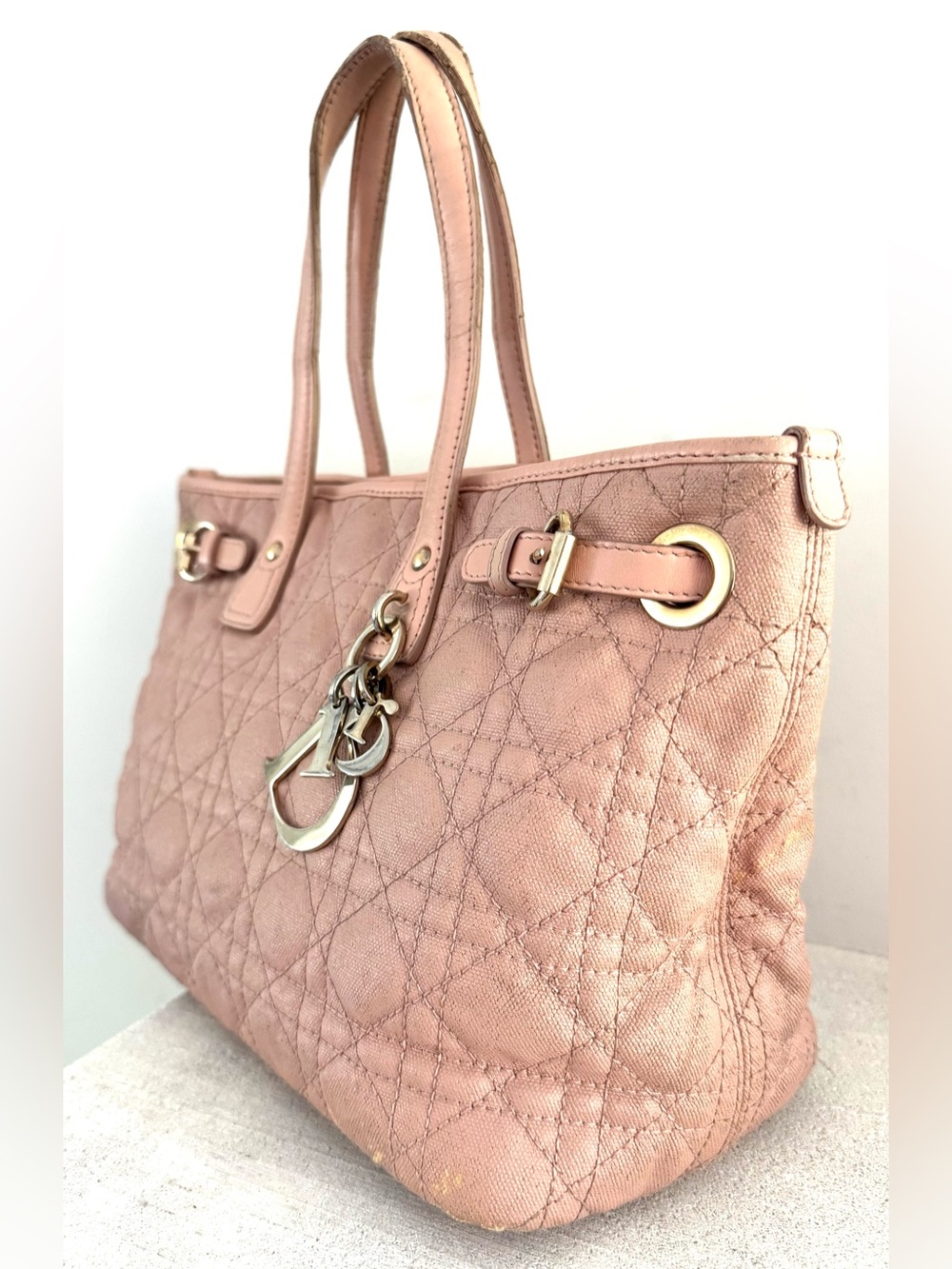 CHRISTIAN DIOR Pink Cannage Quilted Canvas Tote Bag w/ Dior Charm - Picture 3 of 9